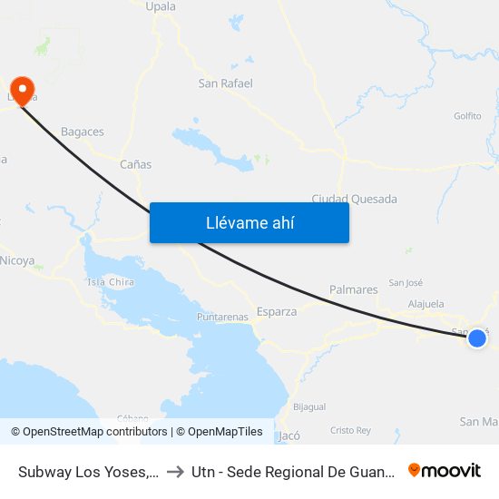 Subway Los Yoses, Montes De Oca to Utn - Sede Regional De Guanacaste - Recinto Liberia map