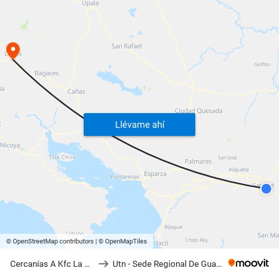 Cercanías A Kfc La California, San José to Utn - Sede Regional De Guanacaste - Recinto Liberia map