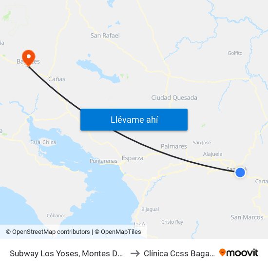 Subway Los Yoses, Montes De Oca to Clínica Ccss Bagaces map