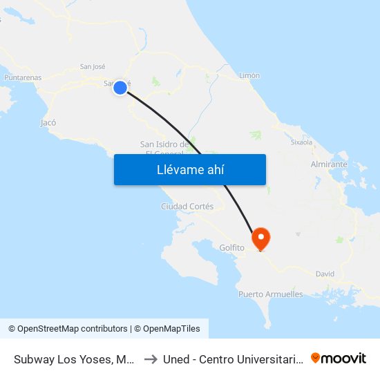 Subway Los Yoses, Montes De Oca to Uned - Centro Universitario Ciudad Neily map