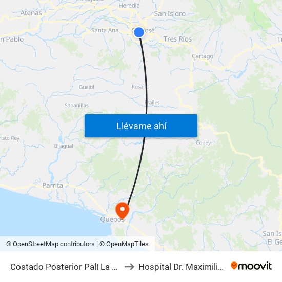 Costado Posterior Palí La Pitahaya, San José to Hospital Dr. Maximiliano Terán Valls map