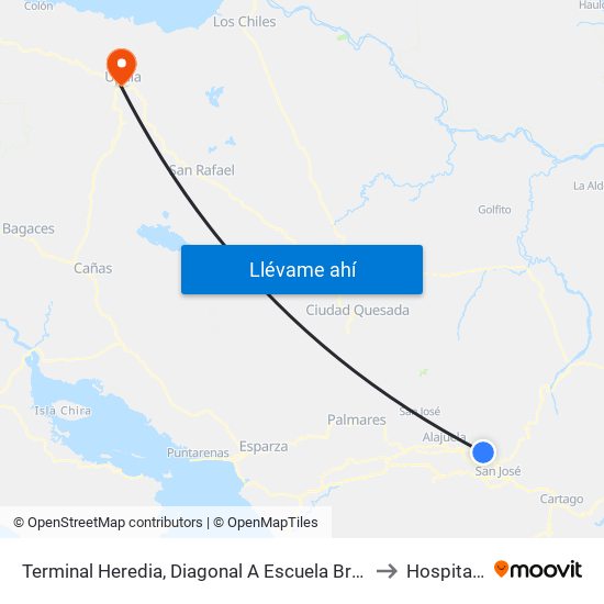 Terminal Heredia, Diagonal A Escuela Braulio Morales Cervantes to Hospital Upala map