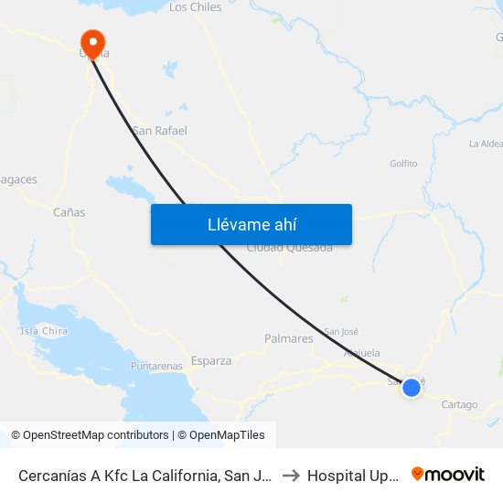 Cercanías A Kfc La California, San José to Hospital Upala map