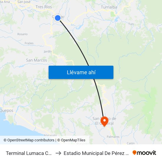 Terminal Lumaca Cartago to Estadio Municipal De Pérez Zeledón map