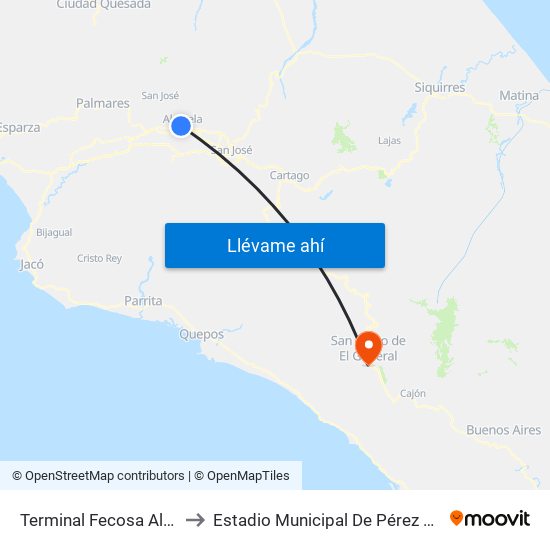 Terminal Fecosa Alajuela to Estadio Municipal De Pérez Zeledón map