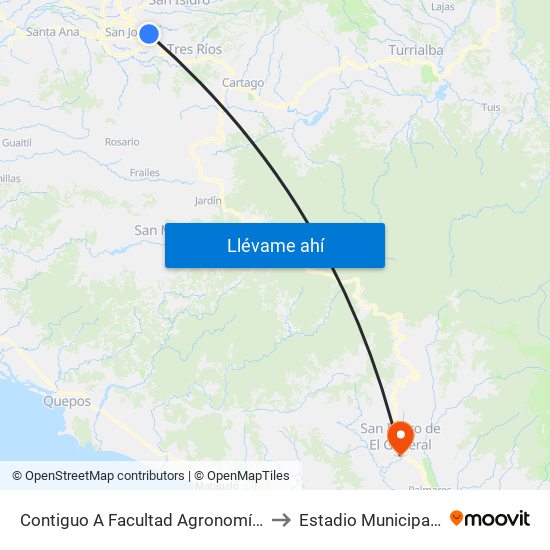 Contiguo A Facultad Agronomía Campus Ucr, Montes De Oca to Estadio Municipal De Pérez Zeledón map