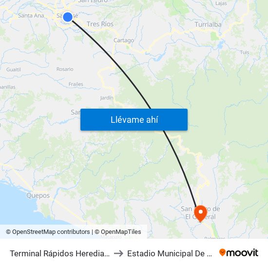 Terminal Rápidos Heredianaos, San José to Estadio Municipal De Pérez Zeledón map