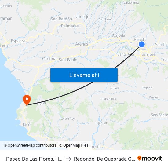 Paseo De Las Flores, Heredia to Redondel De Quebrada Ganado map