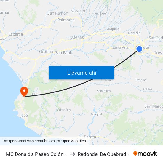 MC Donald's Paseo Colón, San José to Redondel De Quebrada Ganado map