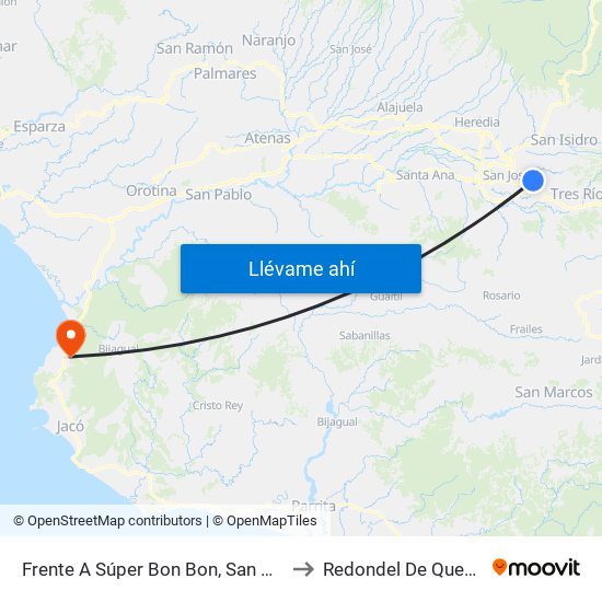 Frente A Súper Bon Bon, San Pedro Montes De Oca to Redondel De Quebrada Ganado map