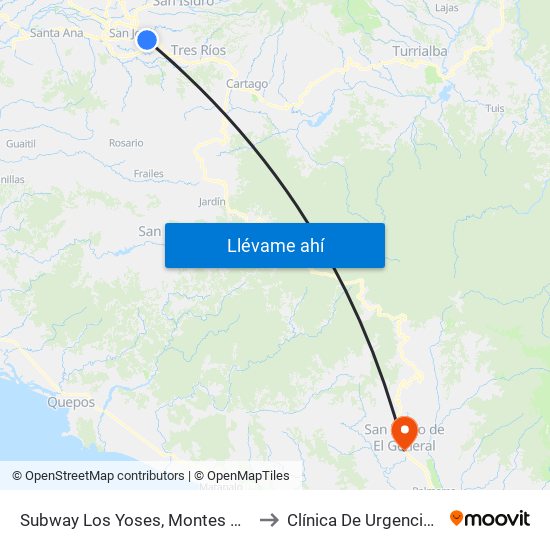 Subway Los Yoses, Montes De Oca to Clínica De Urgencias Pz map