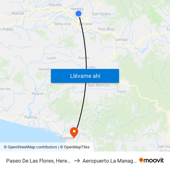 Paseo De Las Flores, Heredia to Aeropuerto La Managua map