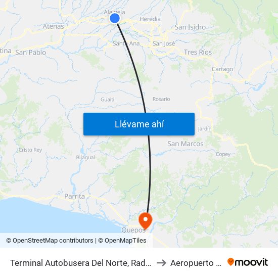 Terminal Autobusera Del Norte, Radial Francisco J. Orlich Alajuela to Aeropuerto La Managua map