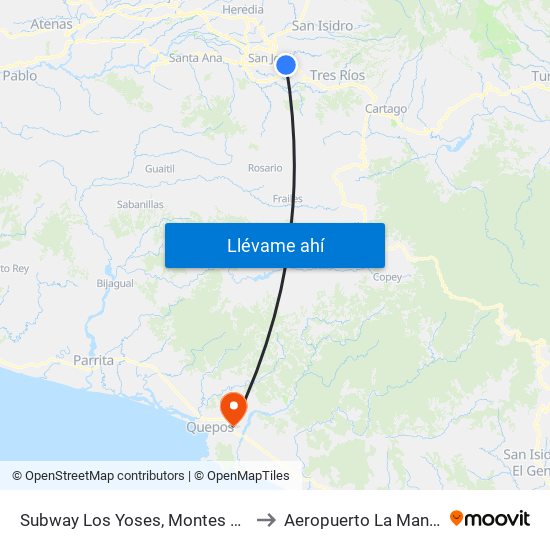 Subway Los Yoses, Montes De Oca to Aeropuerto La Managua map