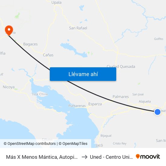 Más X Menos Mántica, Autopista General Cañas San José to Uned - Centro Universitario Liberia map