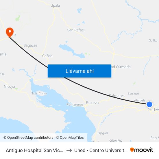 Antiguo Hospital San Vicente De Paul to Uned - Centro Universitario Liberia map