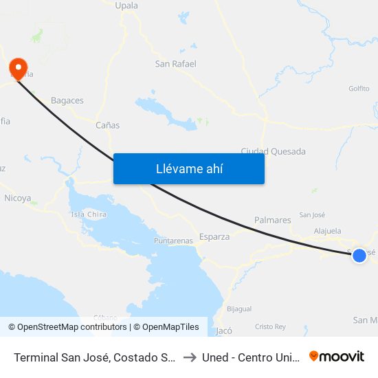 Terminal San José, Costado Sur Mercado La Coca Cola to Uned - Centro Universitario Liberia map