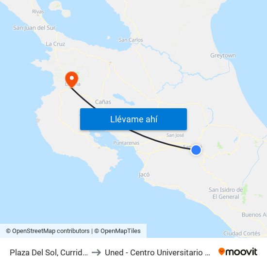 Plaza Del Sol, Curridabat to Uned - Centro Universitario Liberia map