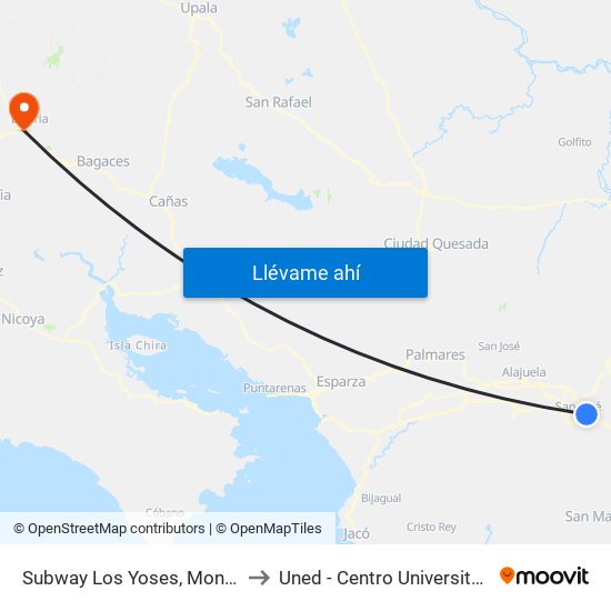 Subway Los Yoses, Montes De Oca to Uned - Centro Universitario Liberia map