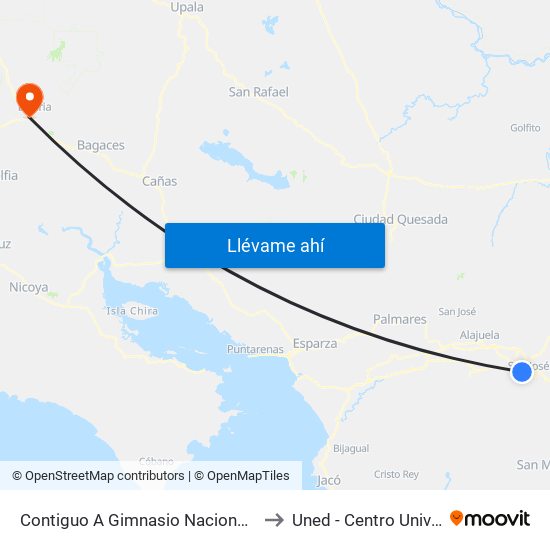 Contiguo A Gimnasio Nacional, Sabana Este San José to Uned - Centro Universitario Liberia map