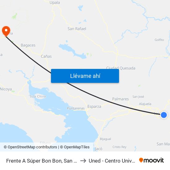 Frente A Súper Bon Bon, San Pedro Montes De Oca to Uned - Centro Universitario Liberia map