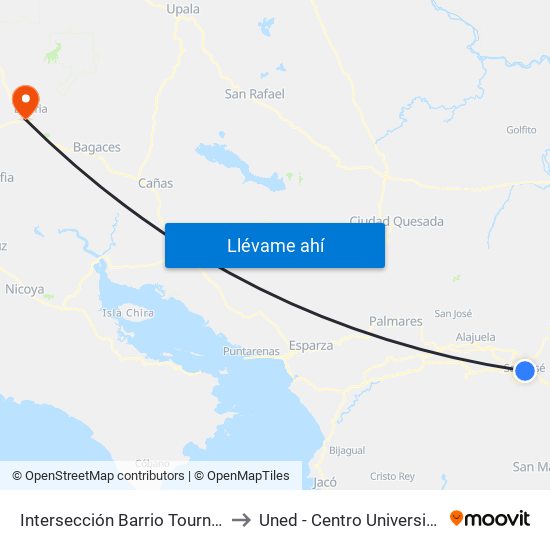 Intersección Barrio Tournon, San José to Uned - Centro Universitario Liberia map