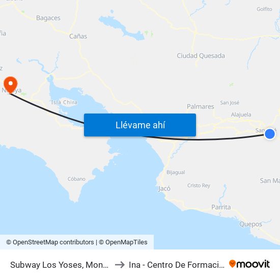 Subway Los Yoses, Montes De Oca to Ina - Centro De Formación Nicoya map