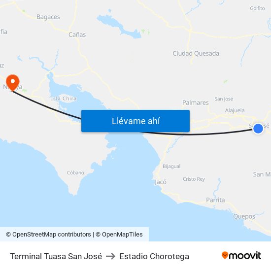 Terminal Tuasa San José to Estadio Chorotega map