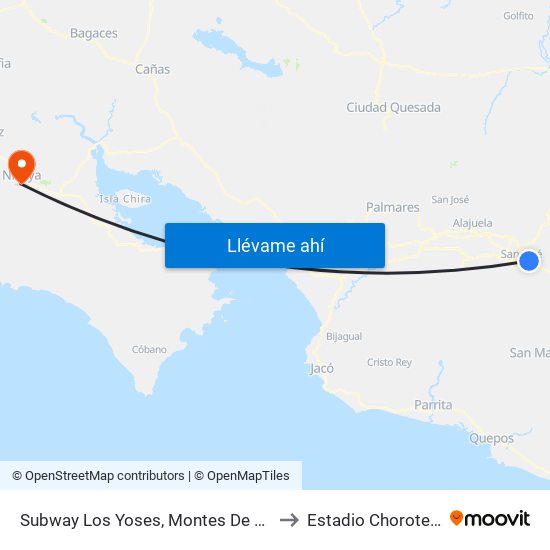 Subway Los Yoses, Montes De Oca to Estadio Chorotega map