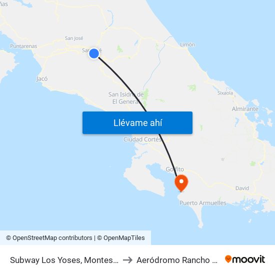 Subway Los Yoses, Montes De Oca to Aeródromo Rancho De Mar map