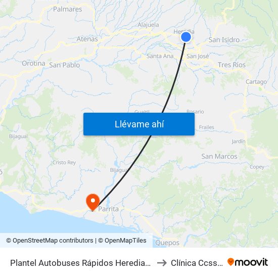 Plantel Autobuses Rápidos Heredianos, Pirro Heredia to Clínica Ccss Parrita map