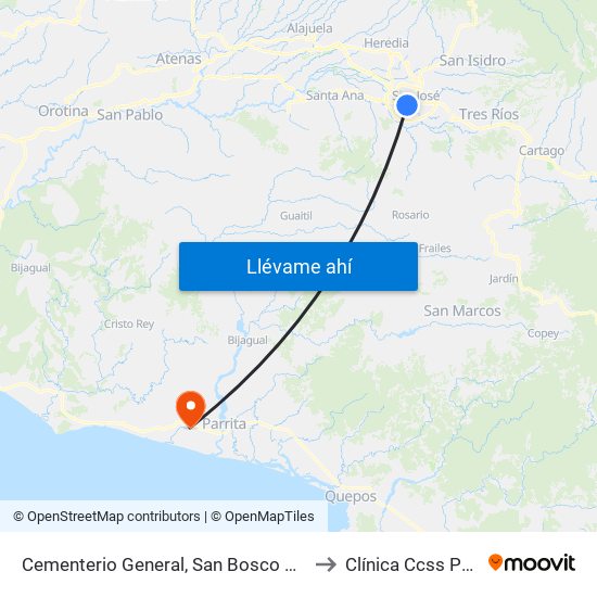 Cementerio General, San Bosco San José to Clínica Ccss Parrita map