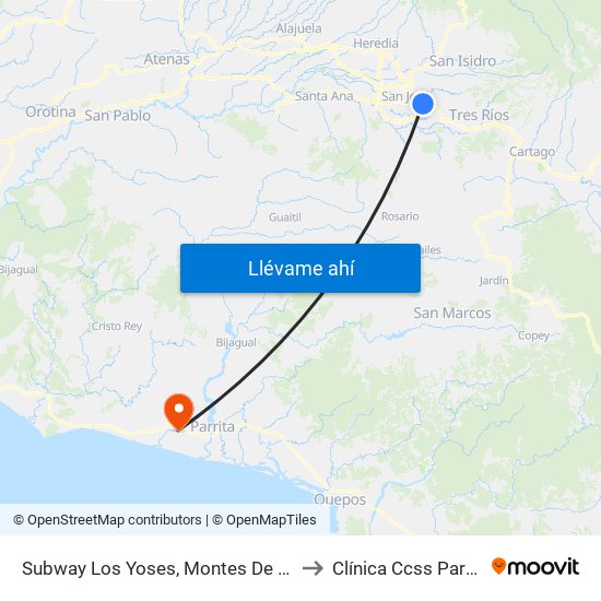 Subway Los Yoses, Montes De Oca to Clínica Ccss Parrita map