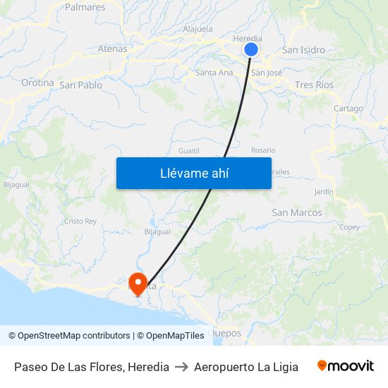 Paseo De Las Flores, Heredia to Aeropuerto La Ligia map