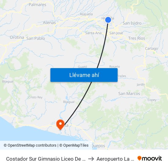 Costador Sur Gimnasio Liceo De Heredia to Aeropuerto La Ligia map