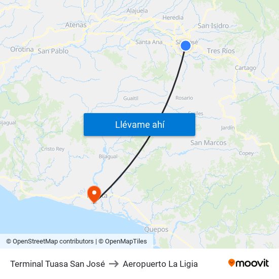 Terminal Tuasa San José to Aeropuerto La Ligia map