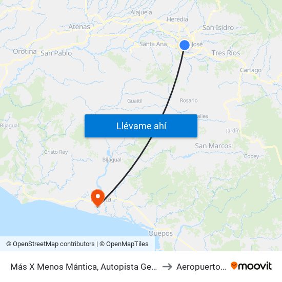 Más X Menos Mántica, Autopista General Cañas San José to Aeropuerto La Ligia map