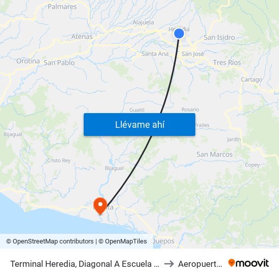 Terminal Heredia, Diagonal A Escuela Braulio Morales Cervantes to Aeropuerto La Ligia map