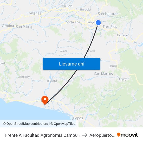 Frente A Facultad Agronomía Campus Ucr, Montes De Oca to Aeropuerto La Ligia map