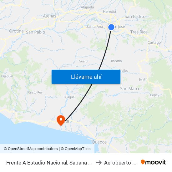 Frente A Estadio Nacional, Sabana Norte San José to Aeropuerto La Ligia map