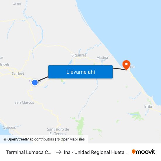 Terminal Lumaca Cartago to Ina - Unidad Regional Huetar Caribe map