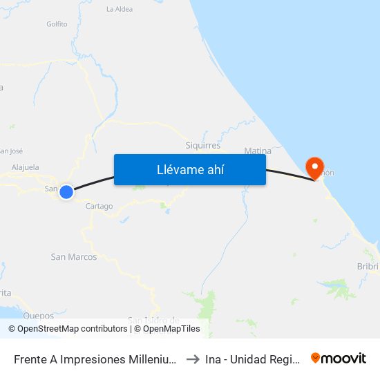 Frente A Impresiones Millenium, San Pedro Montes De Oca to Ina - Unidad Regional Huetar Caribe map