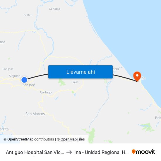 Antiguo Hospital San Vicente De Paul to Ina - Unidad Regional Huetar Caribe map