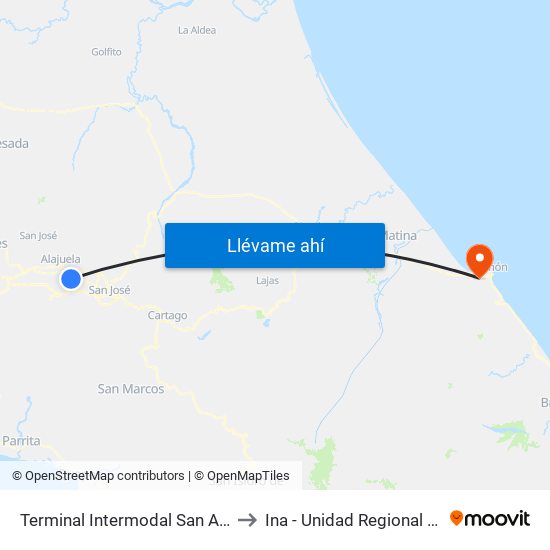 Terminal Intermodal San Antonio De Belén to Ina - Unidad Regional Huetar Caribe map