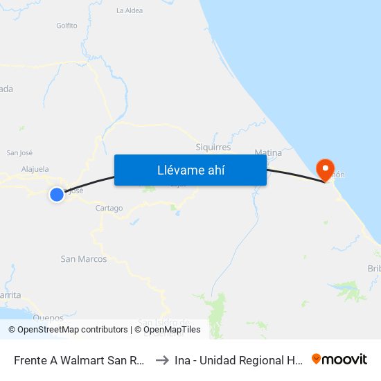 Frente A Walmart San Rafael, Escazú to Ina - Unidad Regional Huetar Caribe map