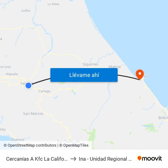 Cercanías A Kfc La California, San José to Ina - Unidad Regional Huetar Caribe map