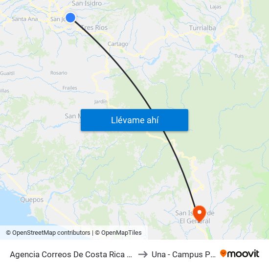 Agencia Correos De Costa Rica Guadalupe, Goicoechea to Una - Campus Pérez Zeledón map