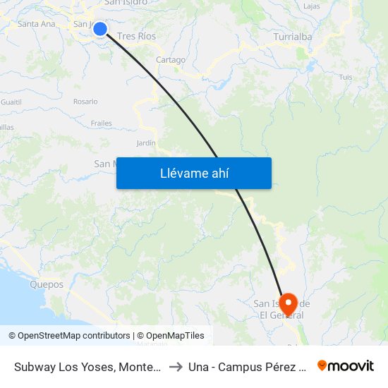 Subway Los Yoses, Montes De Oca to Una - Campus Pérez Zeledón map