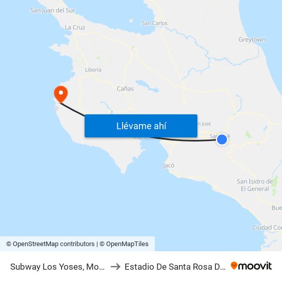 Subway Los Yoses, Montes De Oca to Estadio De Santa Rosa De Tamarindo map