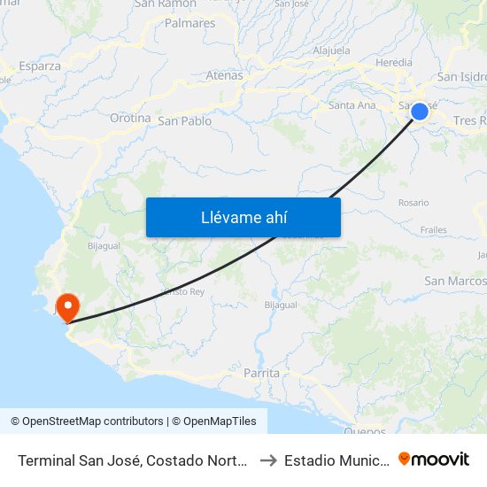 Terminal San José, Costado Norte Oficinas Ministerio De Hacienda to Estadio Municipal De Garabito map